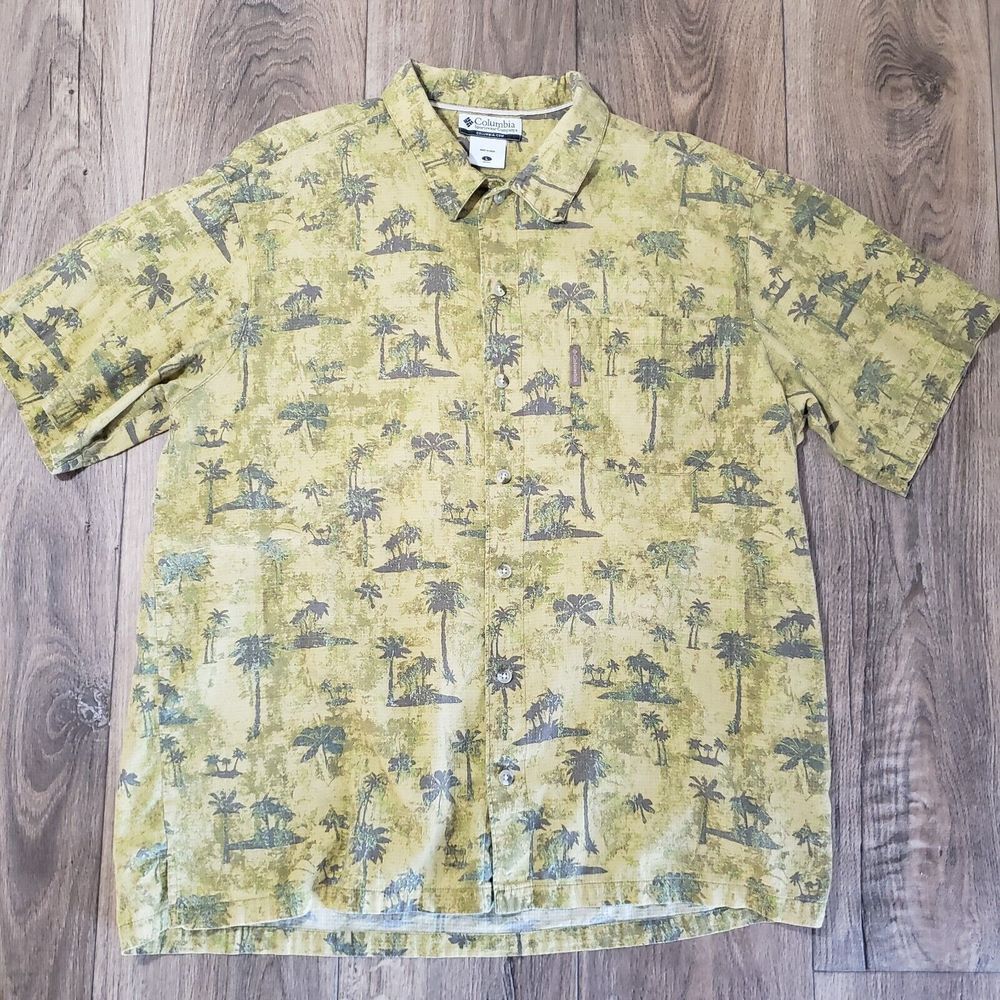 Columbia Hawaiian Shirt Mens Large Green Palm Tree 100% Cotton Classic Button-Up